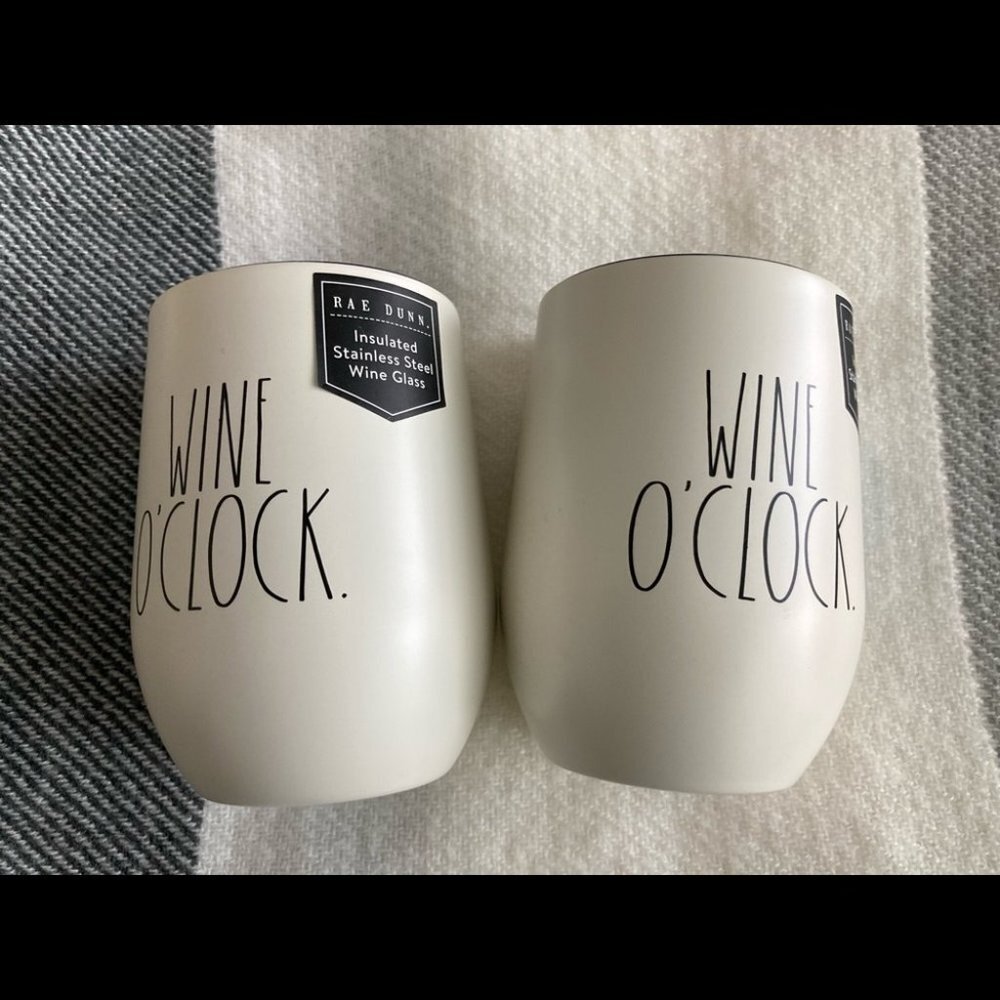 RAE DUNN WINE O’CLOCK Insulated Stemless Cups “Glass” Metal Exterior NWT